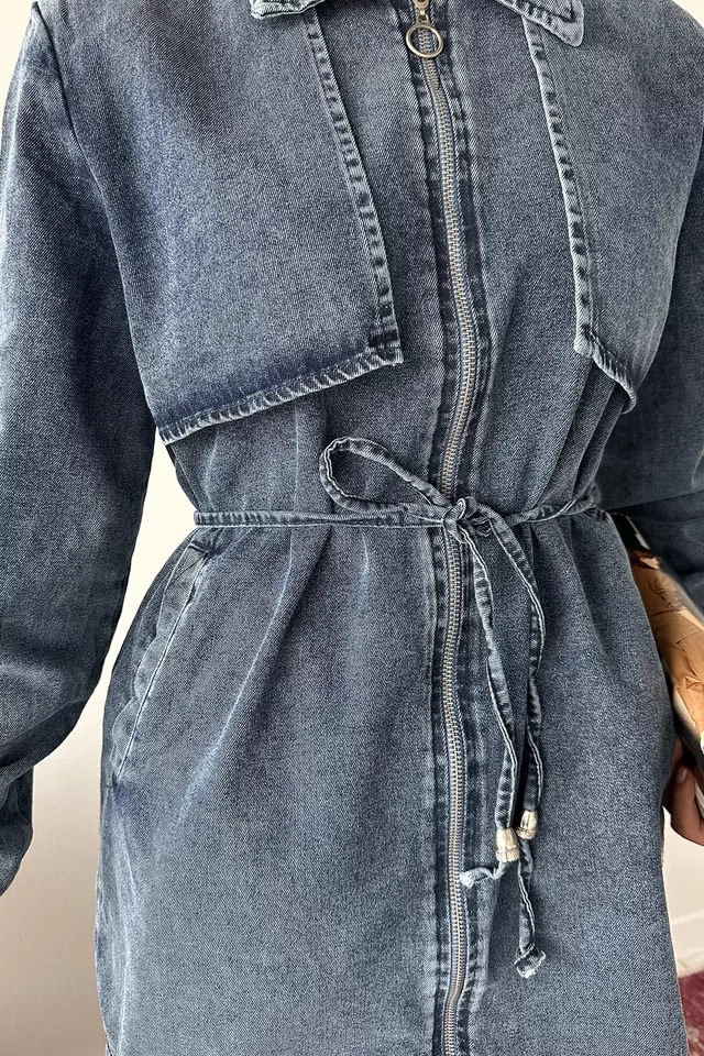 Bel Bağcıklı Fermuarlı Jean Kot Ceket Pantolon Tesettür İkili Takım