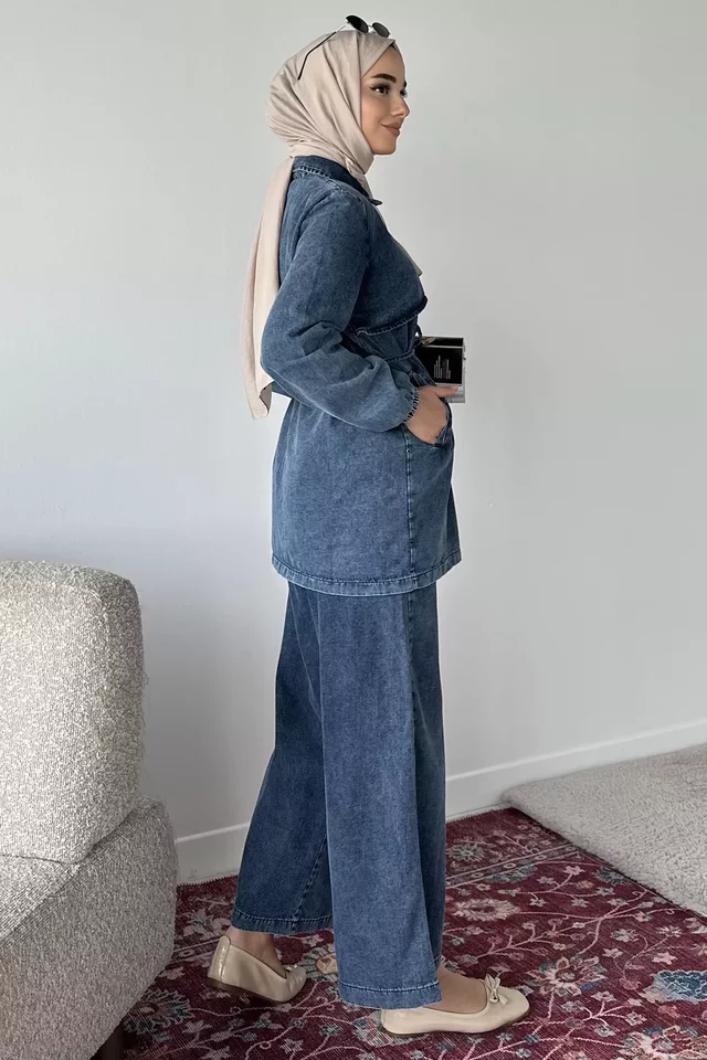 Bel Bağcıklı Fermuarlı Jean Kot Ceket Pantolon Tesettür İkili Takım