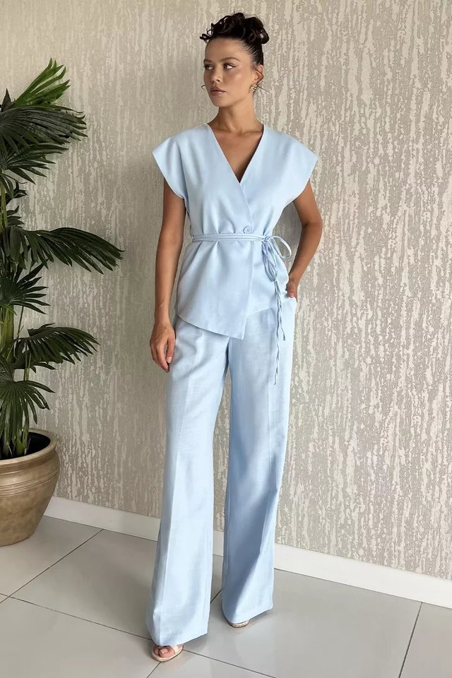 Bel Bağlamalı Astarlı Kadın Yelek Pantolon Keten İkili Takım - 2