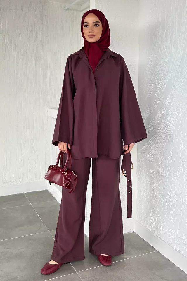 Bel Çift Kemerli Tunik Pantolon Tesettür İkili Takım - 1