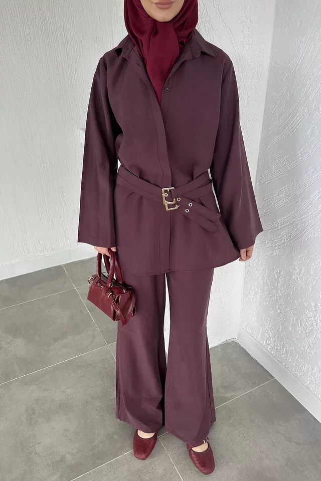 Bel Çift Kemerli Tunik Pantolon Tesettür İkili Takım