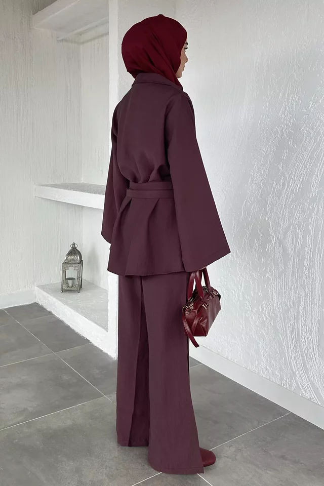 Bel Çift Kemerli Tunik Pantolon Tesettür İkili Takım