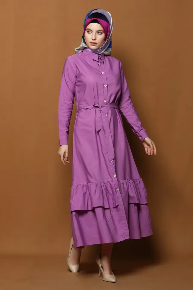 Bel Kuşaklı Etek Ucu Fırfırlı Elbise K.lila