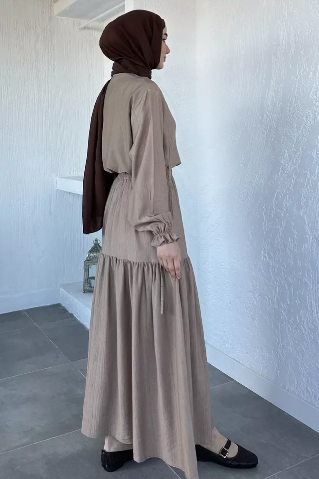 Bel Lastikli Bağcıklı Bluz Etek Tesettür İkili Takım