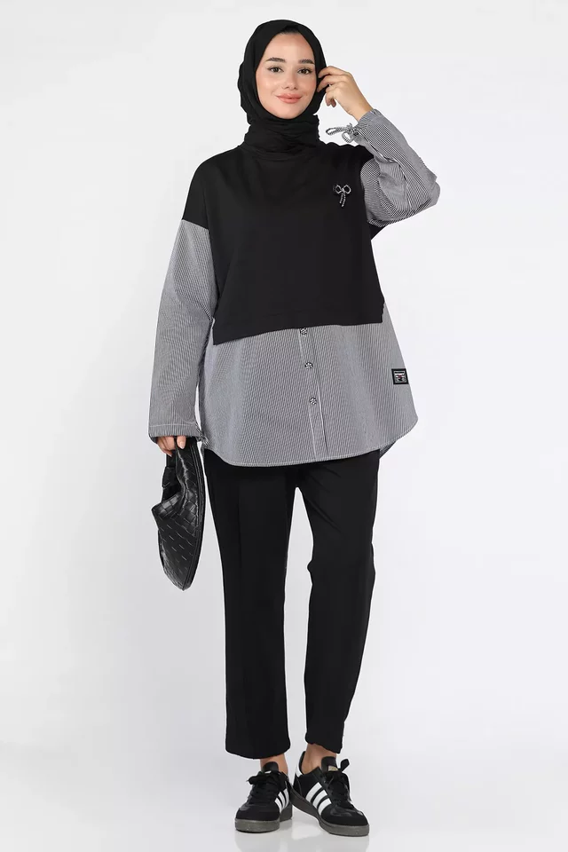 Bel Lastikli Çimalı Pantolon Taş İşlemeli Tunik Tesettür İkili Takım