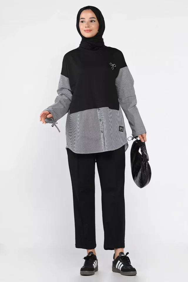 Bel Lastikli Çimalı Pantolon Taş İşlemeli Tunik Tesettür İkili Takım