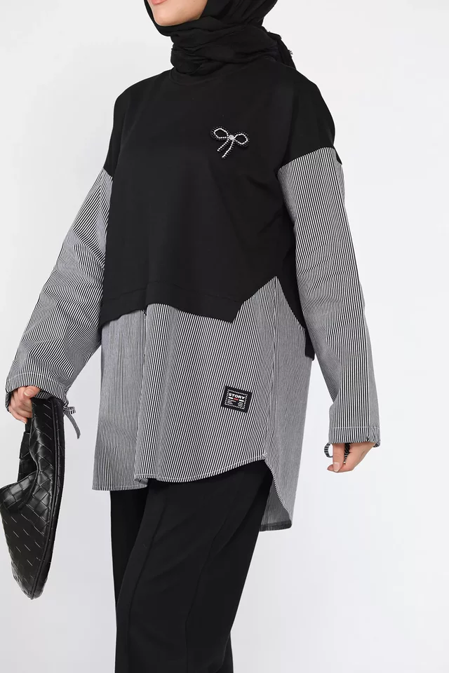 Bel Lastikli Çimalı Pantolon Taş İşlemeli Tunik Tesettür İkili Takım