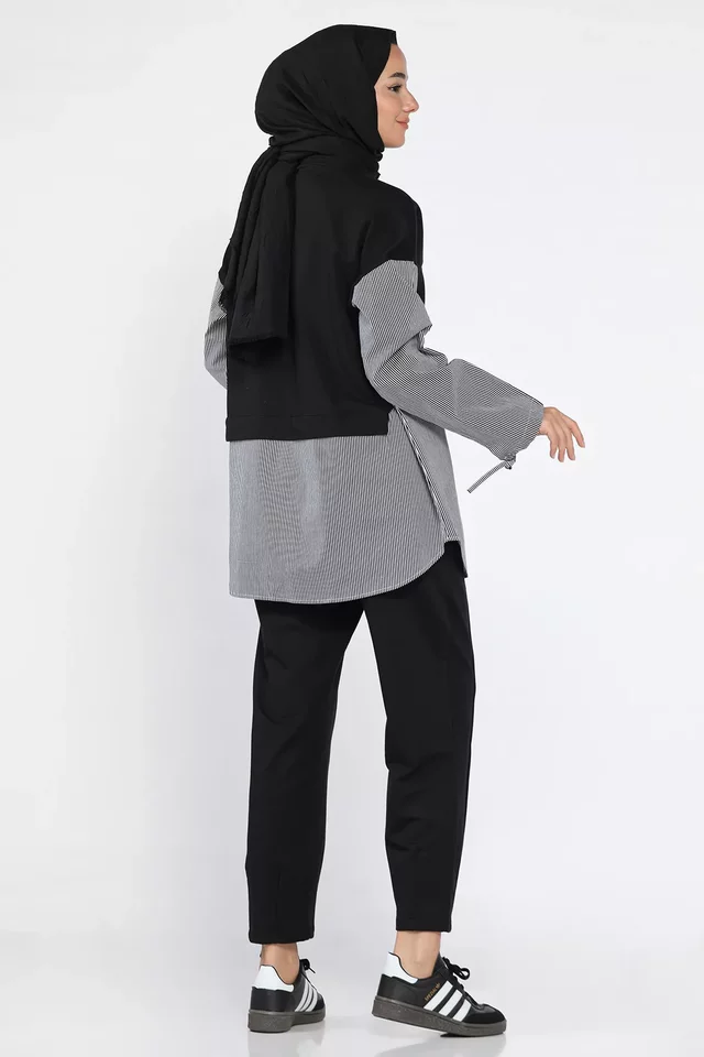 Bel Lastikli Çimalı Pantolon Taş İşlemeli Tunik Tesettür İkili Takım
