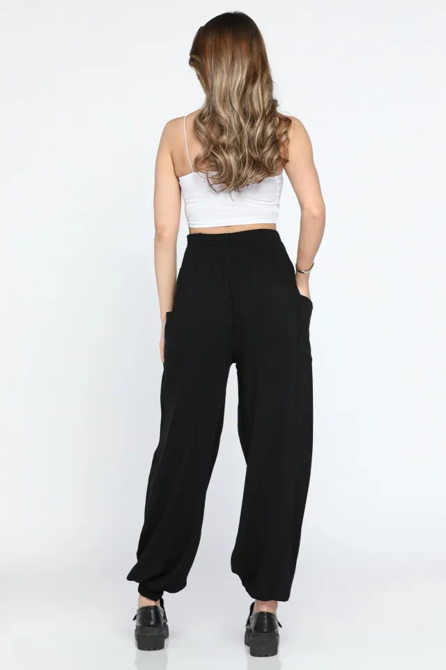 Bel Lastikli Düz Renk Kadın Şalvar Model Viskon Pantolon Siyah