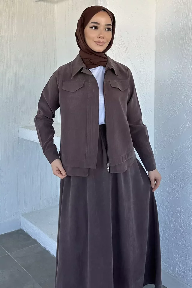 Bel Lastikli Etek Ön Fermuarlı Ceket Kuşaklı Tesettür İkili Takım - 1