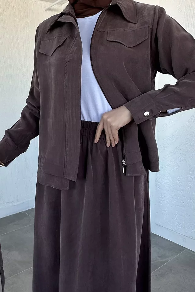 Bel Lastikli Etek Ön Fermuarlı Ceket Kuşaklı Tesettür İkili Takım