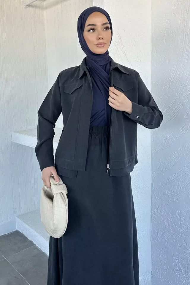 Bel Lastikli Etek Ön Fermuarlı Ceket Kuşaklı Tesettür İkili Takım - 2
