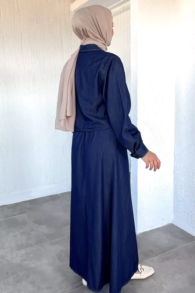 Bel Lastikli Etek Taş İşlemeli Gömlek Tesettür İkili Takım