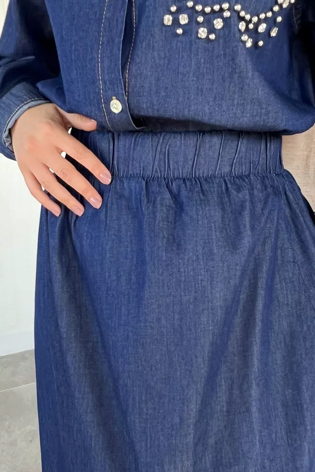 Bel Lastikli Etek Taş İşlemeli Gömlek Tesettür İkili Takım