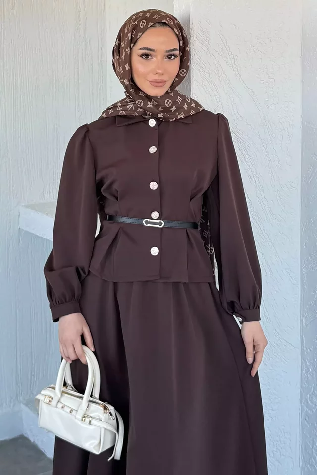 Bel Lastikli Kemer Aksesuarlı Etek Gömlek Tesettür İkili Takım - 2