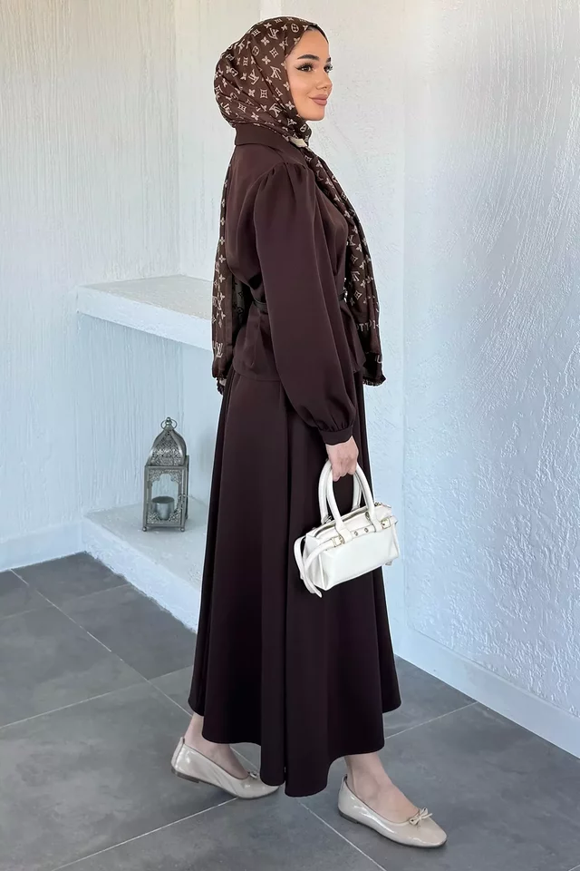 Bel Lastikli Kemer Aksesuarlı Etek Gömlek Tesettür İkili Takım