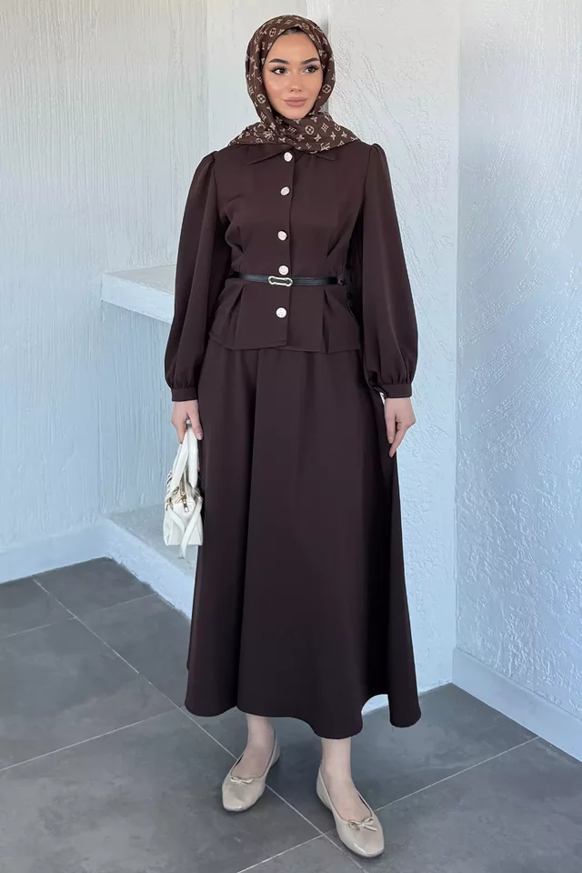 Bel Lastikli Kemer Aksesuarlı Etek Gömlek Tesettür İkili Takım