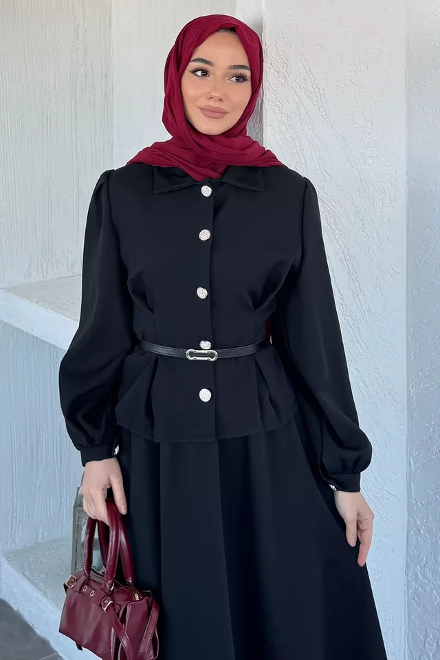 Bel Lastikli Kemer Aksesuarlı Etek Gömlek Tesettür İkili Takım - 2