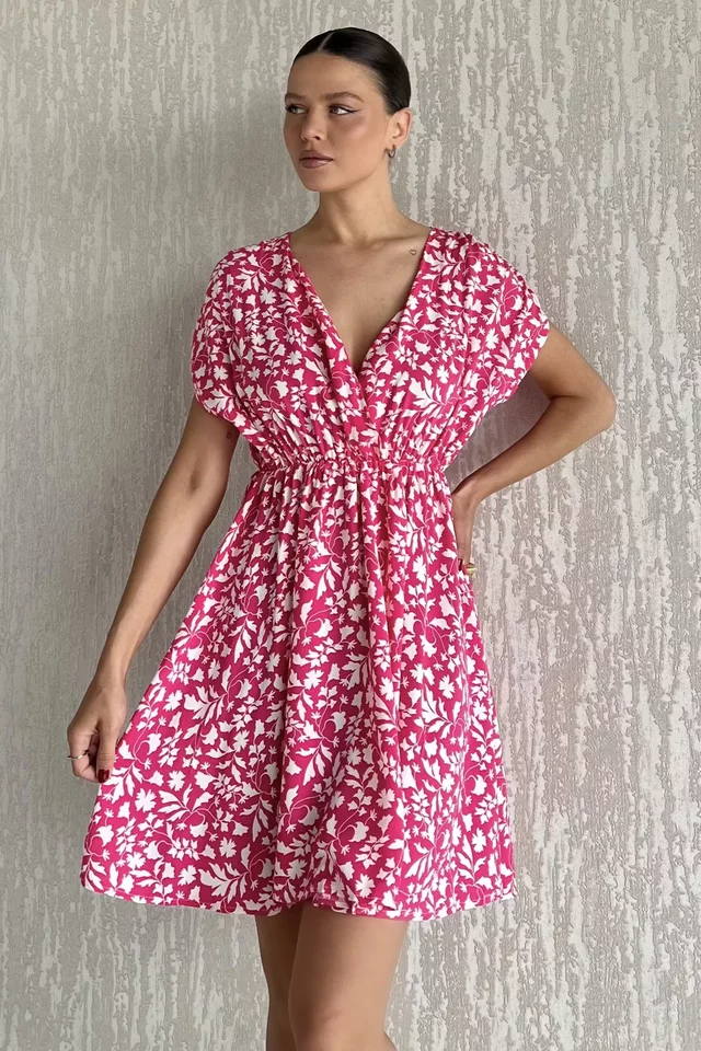 Bel Lastikli Kruvaze Yaka Desenli Kadın Mini Elbise - 2