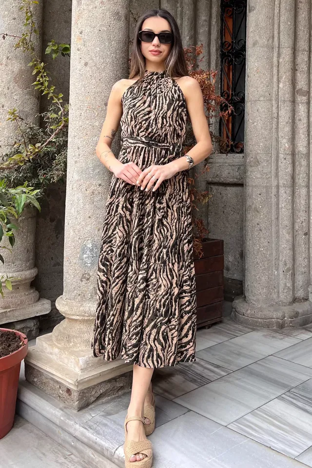 Bel Lastikli Kuşaklı Kadın Desenli Elbise Vizon