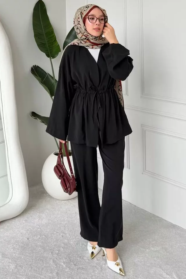 Bel Lastikli Pantolon Bağlama Detaylı Kimono Tesettür İkili Takım - 1