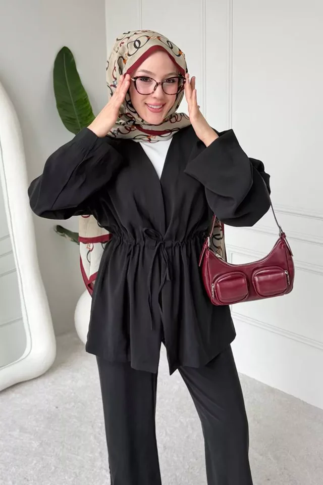 Bel Lastikli Pantolon Bağlama Detaylı Kimono Tesettür İkili Takım - 2