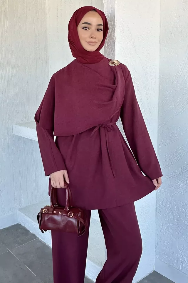 Bel Lastikli Pantolon Gold Toka Detaylı Bel Bağlamalı Tunik Tesettür İkili - 2