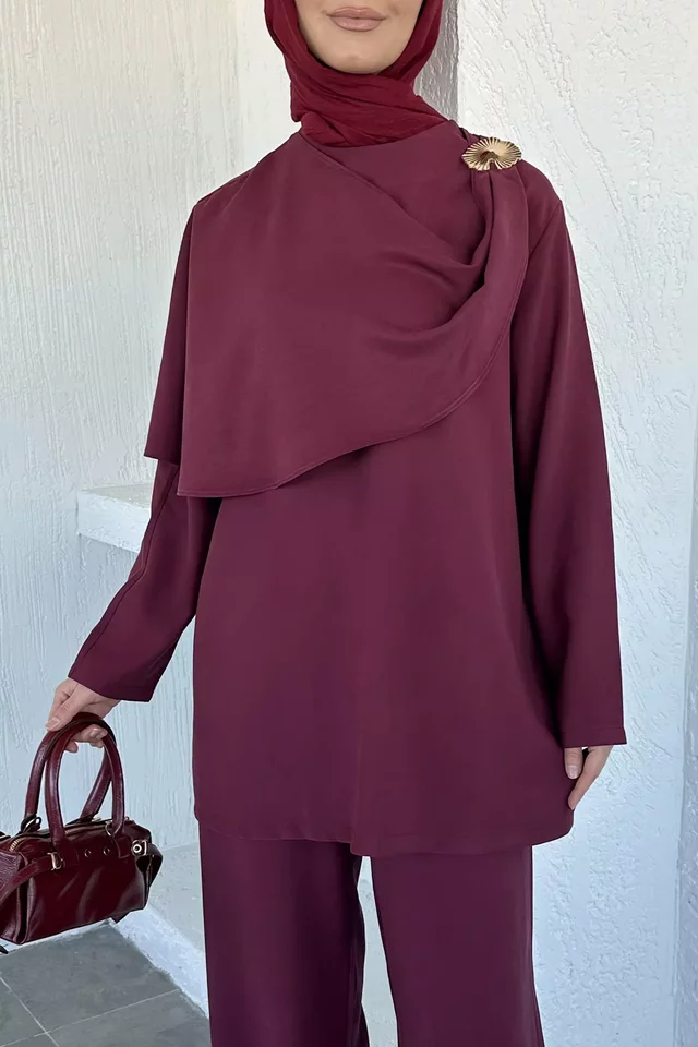 Bel Lastikli Pantolon Gold Toka Detaylı Bel Bağlamalı Tunik Tesettür İkili