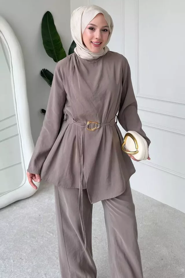 Bel Lastikli Pantolon Gold Tokalı Kuşaklı Tunik Tesettür İkili Takım - 2