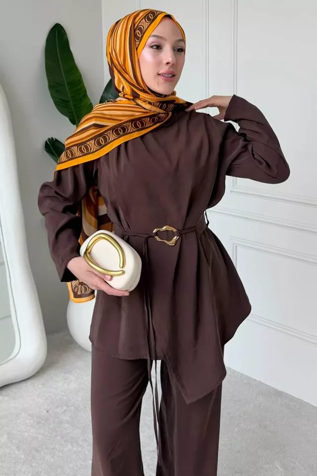Bel Lastikli Pantolon Gold Tokalı Kuşaklı Tunik Tesettür İkili Takım - 1