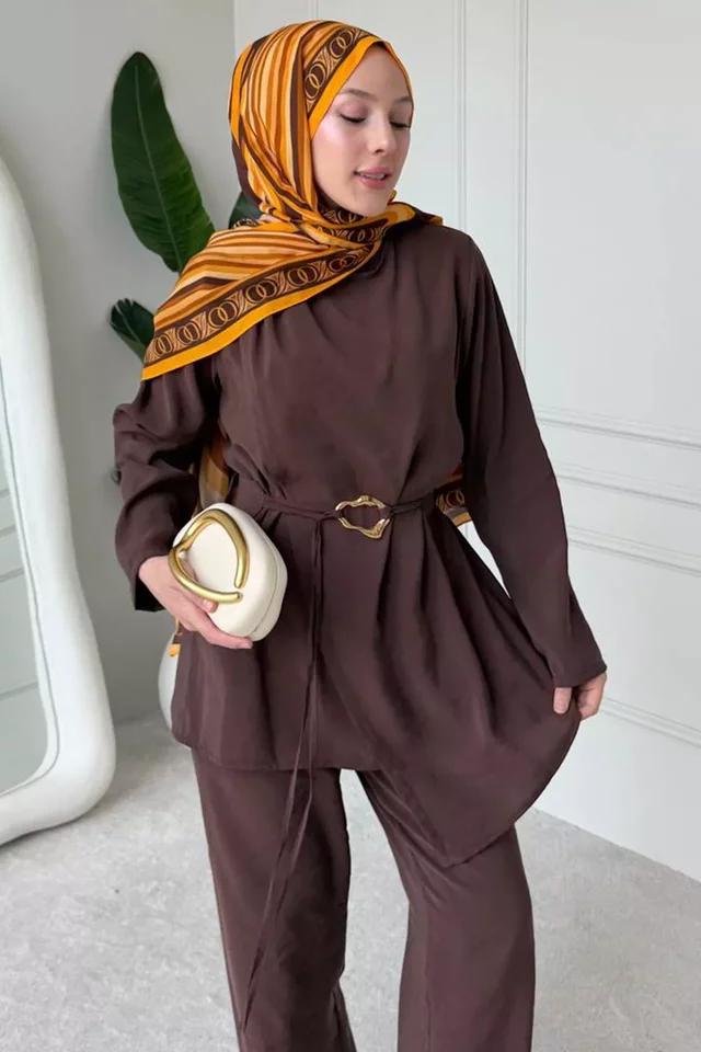 Bel Lastikli Pantolon Gold Tokalı Kuşaklı Tunik Tesettür İkili Takım - 2