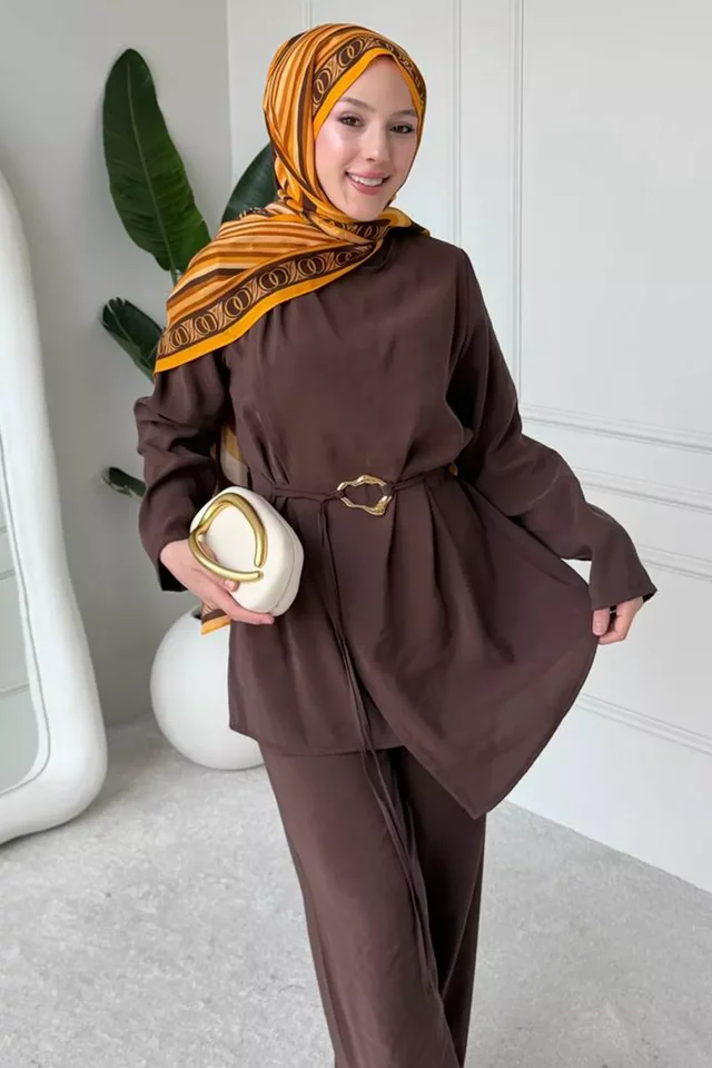 Bel Lastikli Pantolon Gold Tokalı Kuşaklı Tunik Tesettür İkili Takım