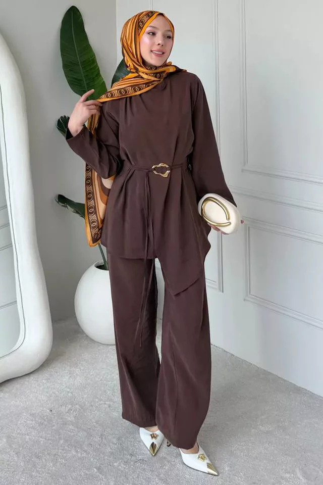Bel Lastikli Pantolon Gold Tokalı Kuşaklı Tunik Tesettür İkili Takım
