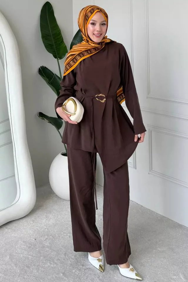 Bel Lastikli Pantolon Gold Tokalı Kuşaklı Tunik Tesettür İkili Takım