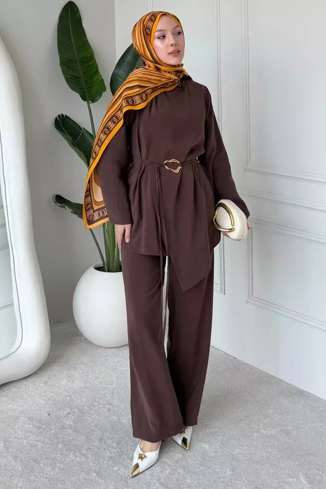 Bel Lastikli Pantolon Gold Tokalı Kuşaklı Tunik Tesettür İkili Takım