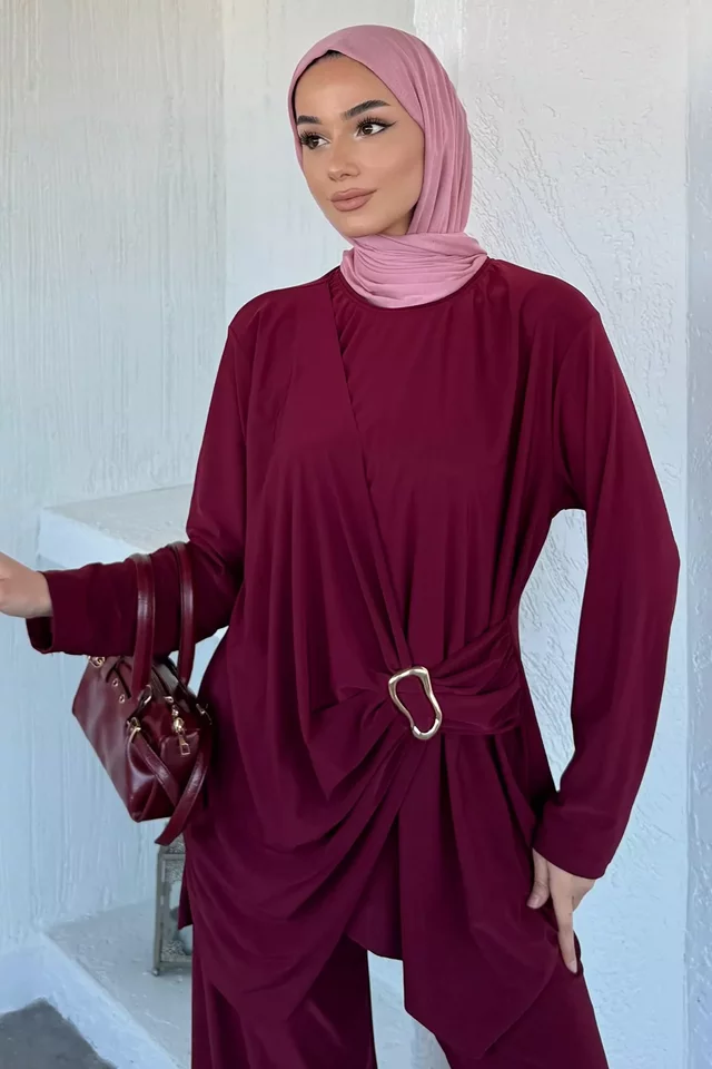 Bel Lastikli Pantolon Gold Tokalı Tunik Tesettür İkili Takım - 1