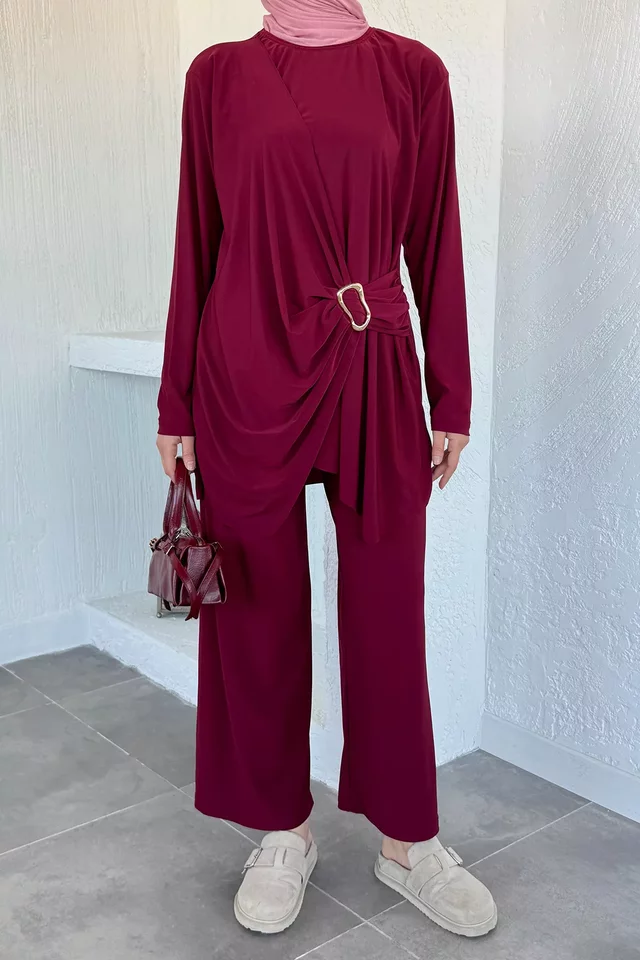 Bel Lastikli Pantolon Gold Tokalı Tunik Tesettür İkili Takım - 2