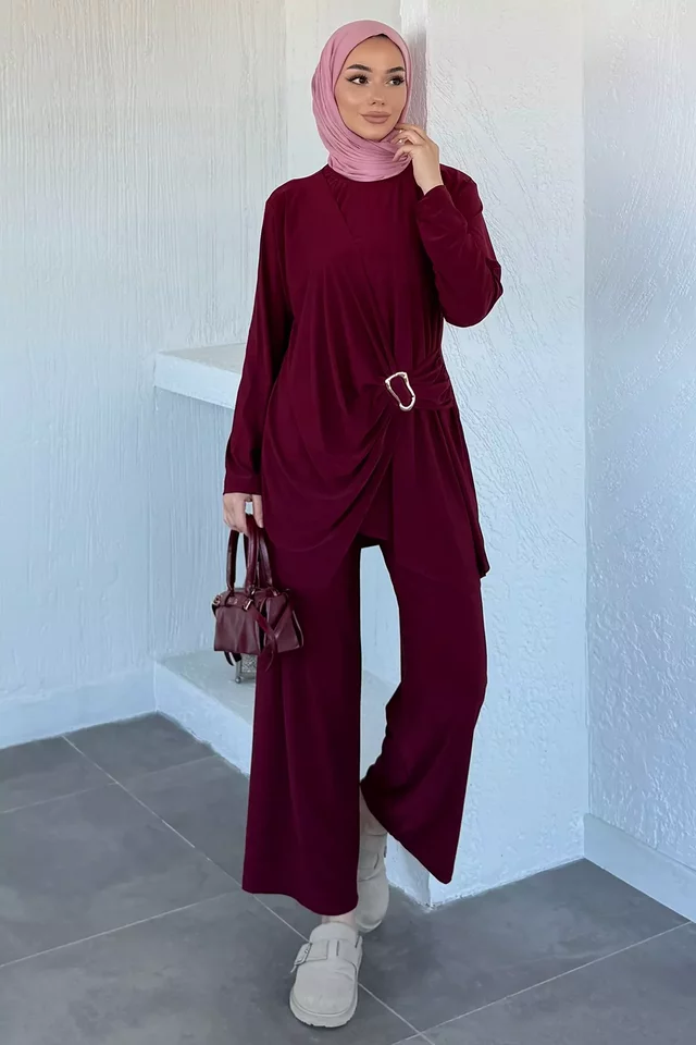 Bel Lastikli Pantolon Gold Tokalı Tunik Tesettür İkili Takım