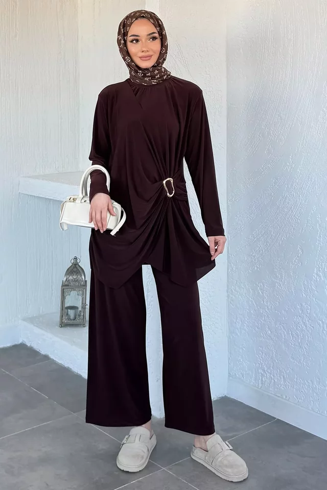 Bel Lastikli Pantolon Gold Tokalı Tunik Tesettür İkili Takım - 2