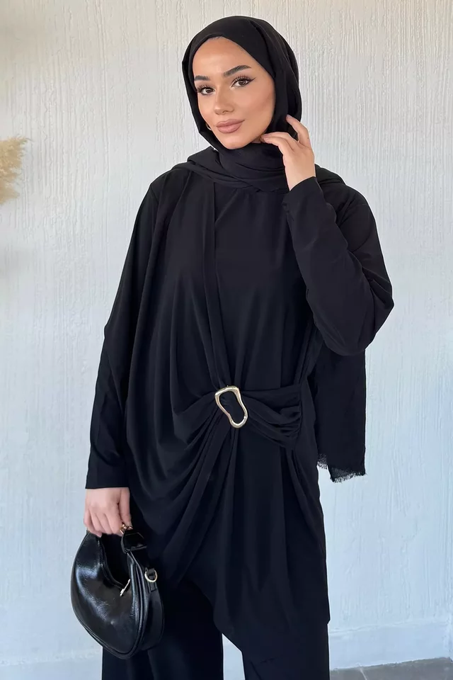 Bel Lastikli Pantolon Gold Tokalı Tunik Tesettür İkili Takım - 2