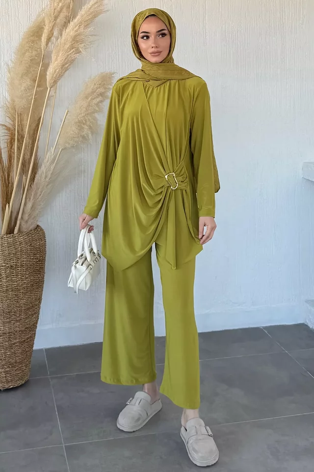 Bel Lastikli Pantolon Gold Tokalı Tunik Tesettür İkili Takım - 2