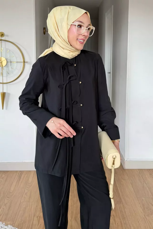 Bel Lastikli Pantolon Ön Düğmeli Gömlek Tesettür İkili Takım