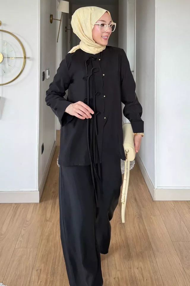 Bel Lastikli Pantolon Ön Düğmeli Gömlek Tesettür İkili Takım