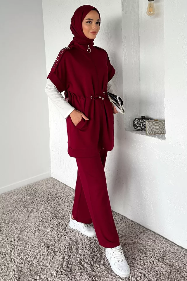 Bel Lastikli Pantolon Taş İşlemeli Tunik Bluz Tesettür Üçlü Takım - 1