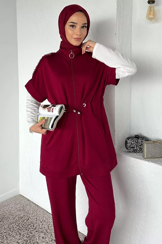 Bel Lastikli Pantolon Taş İşlemeli Tunik Bluz Tesettür Üçlü Takım - 2