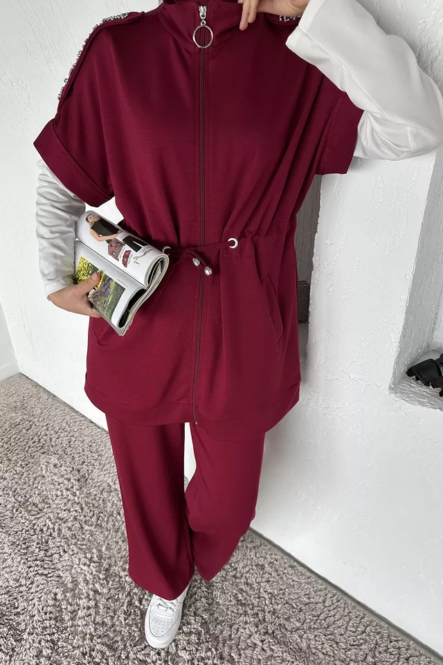 Bel Lastikli Pantolon Taş İşlemeli Tunik Bluz Tesettür Üçlü Takım
