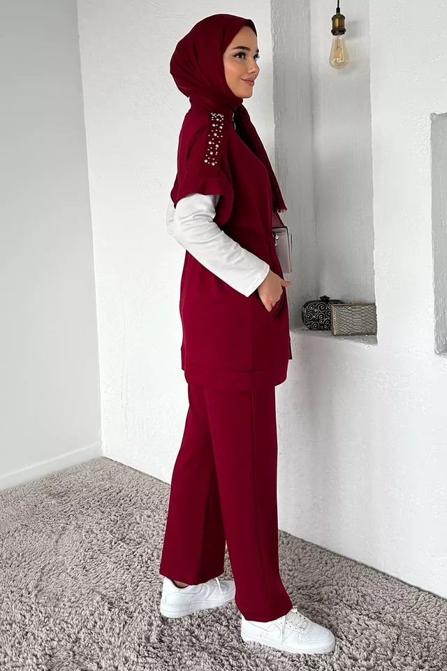 Bel Lastikli Pantolon Taş İşlemeli Tunik Bluz Tesettür Üçlü Takım