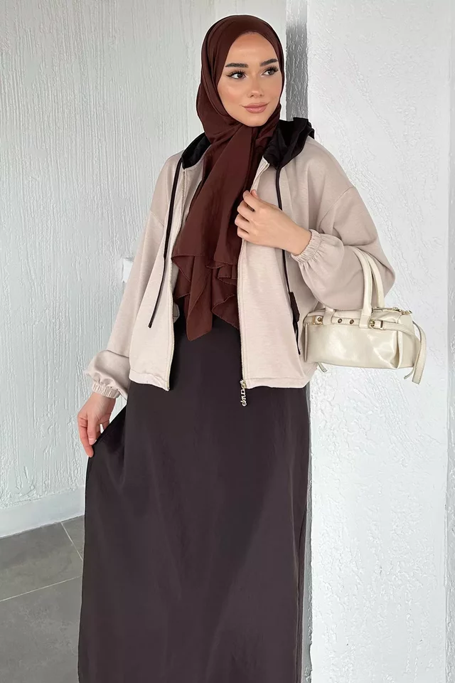 Bel Lastikli Sıfır Kollu Elbise Fermuarlı Sweat Tesettür İkili Takım - 2