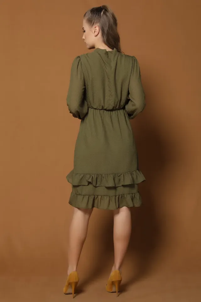 Eteği Fırfırlı Şifon Elbise Haki