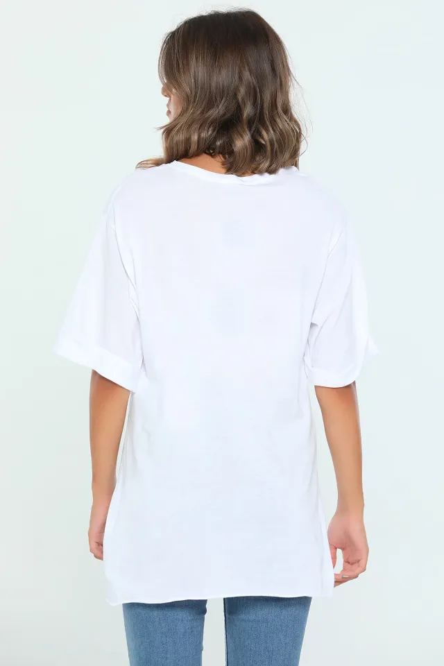 Kadın Likralı Kol Katlamalı Uzun T-shirt Beyaz